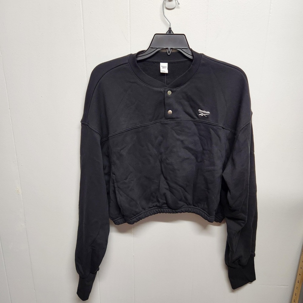 Reebok Sweatshirt Womens 2X Black Cropped Henley Snap Button Pullover HC7593
